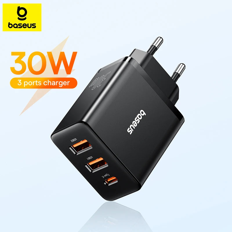 Carregador Baseus Carga Rápida 30W USB 3.0 Tipo C 3 Portas - Para Android e IOS